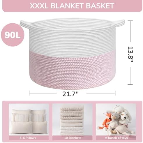 INDRESSME XXXLarge Woven Rope Blanket Basket Living Room Pink - Image 3