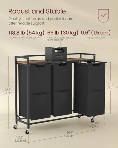 VASAGLE Laundry Sorter 3 Section, Rolling Cart - Image 6