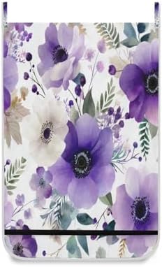 Purple and White Silver Lotus Flowers and Berries Hanging Laundry Hamper Door - Image 2