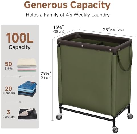 StorageWorks 2 Section Laundry Hamper, 100L Green Sorter Cart - Image 2