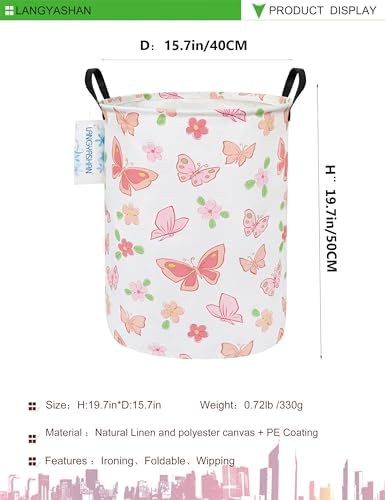 Round Laundry Basket Collapsible Storage Hamper Organizer Pink Butterfly - Image 2