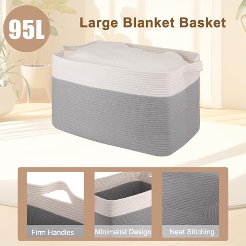 OIAHOMY Extra Large Blanket Basket, 95L Cotton Rope Woven Laundry Basket - Image 4