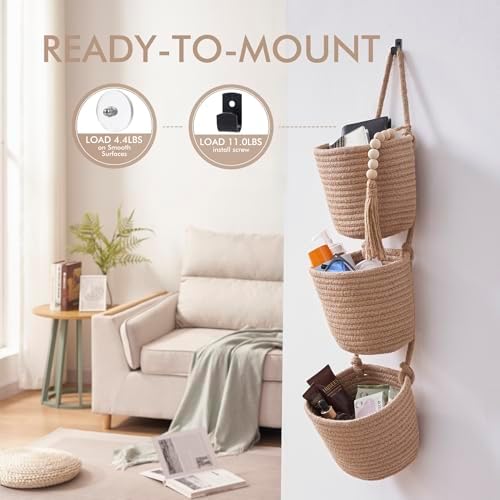 LIGHT DUST Wall Hanging Rope Baskets 3-Tier Boho Organizers - Image 5