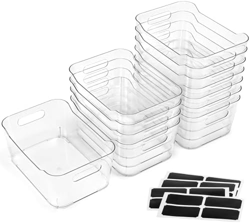12 PACK Clear Plastic Storage Bins, Kitchen Cabinet Pantry Organizer Bins by MakeLifeBetterEasier