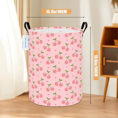 Round Laundry Basket Collapsible Storage Hamper Organizer Pink Cherry - Image 2