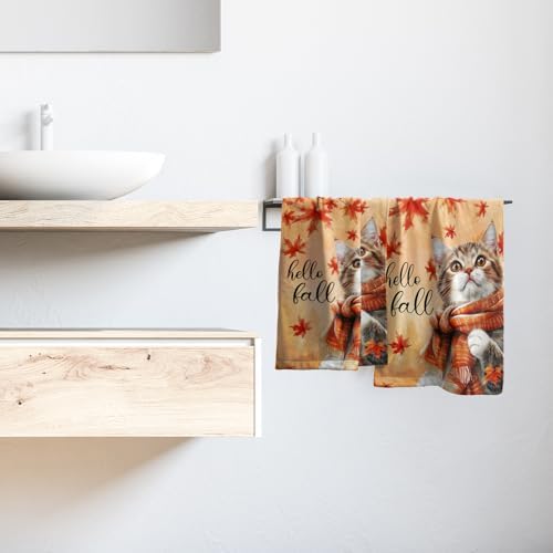 Hello Fall Hand Towel Autumn Cat Maple Leaves Kitchen Towels Set of 2 Soft - Image 6