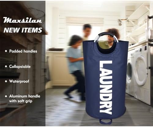 Maxsilan 90L Large Laundry Basket Bag, Collapsible Tall Hamper, Dark Blue - Image 2