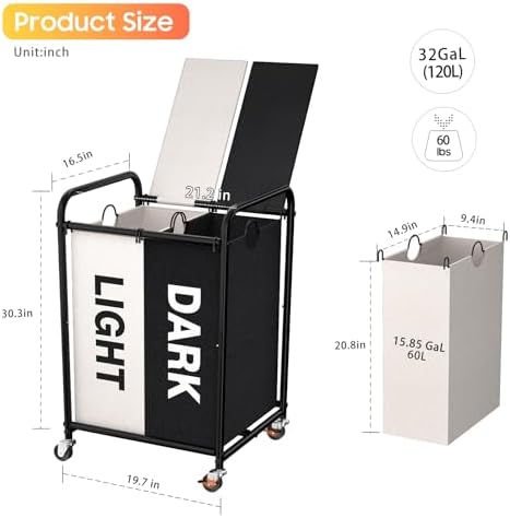 120L Laundry Sorter 2 Section, Rolling Laundry Basket - Image 2