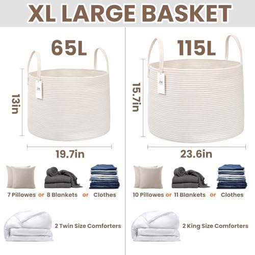 JMvicyroam 65L Extra Large Machine Washable Cotton Rope Blanket Basket - Image 3