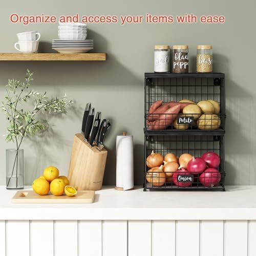 Goozii Black Kitchen Wall Hanging Storage Basket Set of 2, Rustic Stackable - Image 2