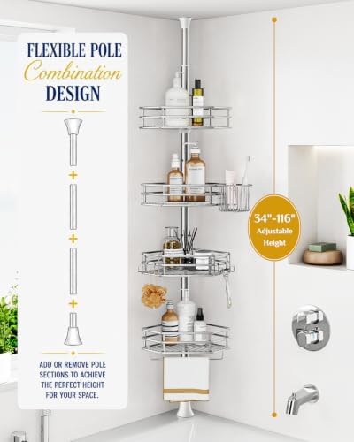 SEIRIONE Corner Shower Caddy Tension Pole, Quick Setup, Rust-Free Bathroom - Image 2
