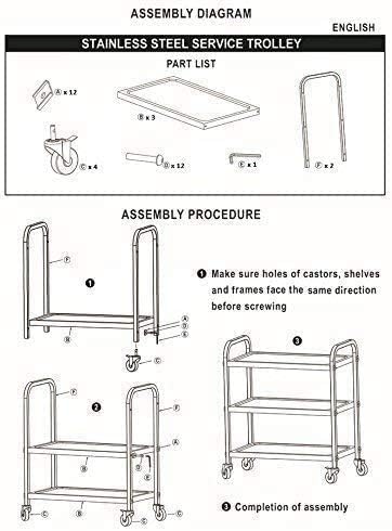 uyoyous Extra Large 3 Tier Stainless Steel Utility Cart 37 x20 x37 inch Commercial Heavy Duty Rolling Cart Food Storage Service Trolley with 360°Rotatable Wheels for Kitchen Hotel Restaurant Home Use