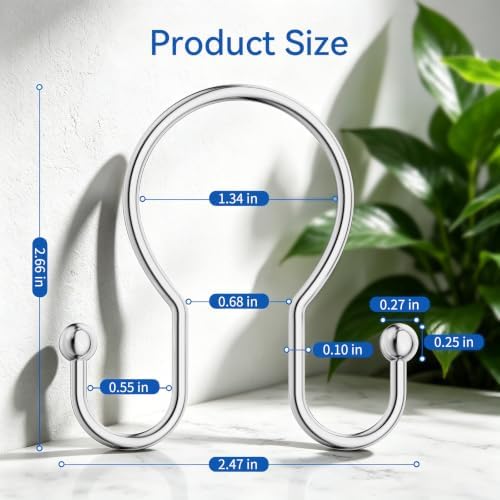 OEH Shower Curtain Hooks, Metal Shower Curtain Hangers, Double Hook Silver - Image 2