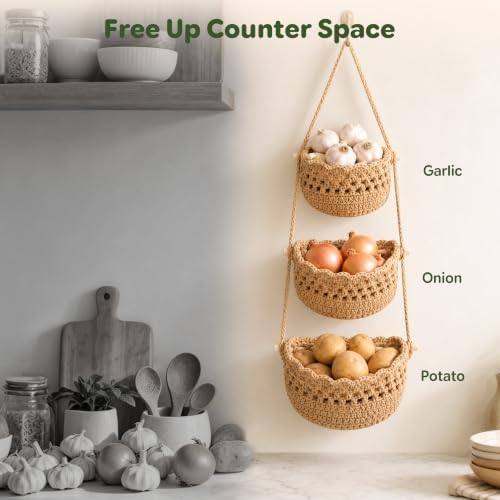 3 Tier Hanging Fruit Basket, Boho Cotton Rope Wall Mounted Produce Holder - Image 5