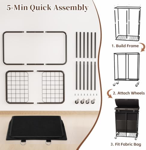 Laundry Hamper with Wheels and Lid, 225L Large Rolling Laundry Basket Black - Image 7