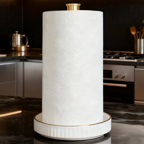 Paper Towel Holder, Ceramic Heavy Plate Base Wobble-Free, Roll Stand-Gold by VROOMIUM-BETTERDESIGN