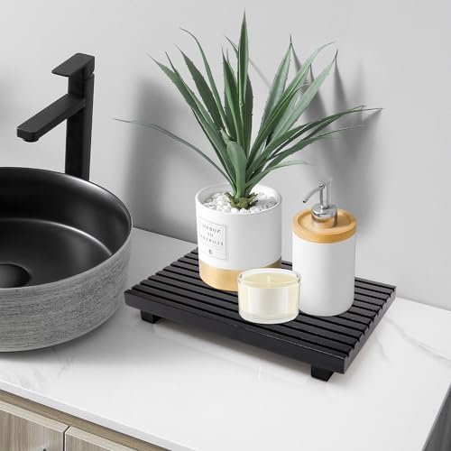 Black Bathroom Counter Tray Organizer Wood Riser Stand Kitchen Soap Holder - Image 4