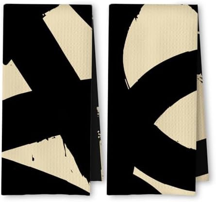 Beige and Black Abstract Kitchen Towels, Mid Century Modern Neutral Hand Towels by Unknown