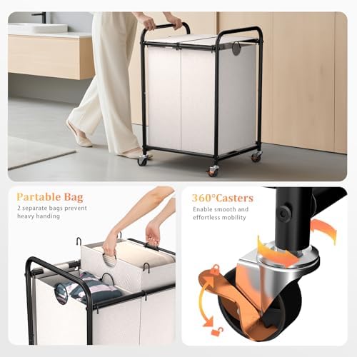 120L Laundry Sorter 2 Section, Rolling Laundry Basket - Image 3