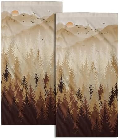 Brown Yellow Misty Forest Hand Towels Set of 2 Fall Mountain Woodland by Granbey