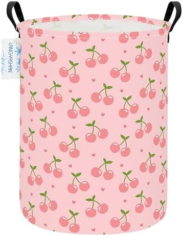 Round Laundry Basket Collapsible Storage Hamper Organizer Pink Cherry by LANGYASHAN