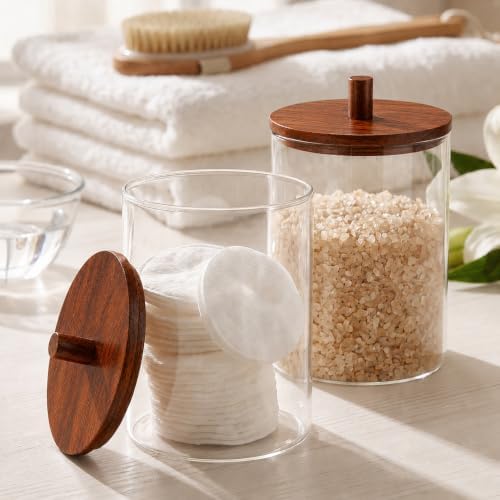 Glass Qtip Holder with Acacia Wood Lids, 10 oz Apothecary Jars, 2 Pack - Image 3