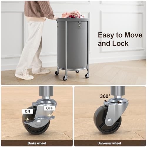 ELYKEN Laundry Basket with Wheels, Round Rolling Laundry Hamper - Image 4