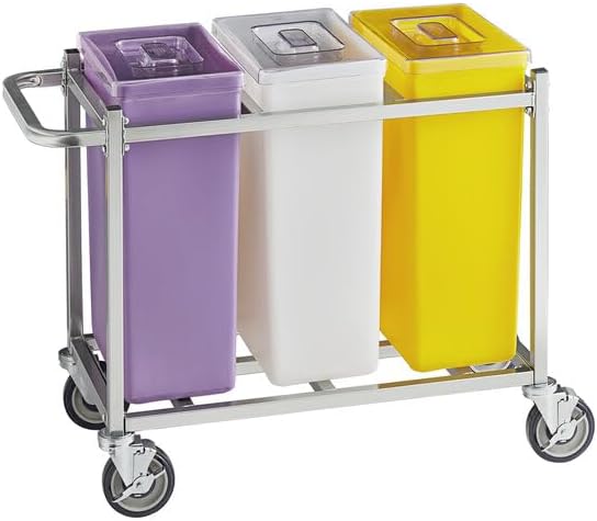 Mobile Triple Ingredient Storage Bin, 30 Gallon Capacity, Yellow/White/Purple, with Cart and Clear Lids, Commercial Kitchen Container, 36.5x17x29 Inches