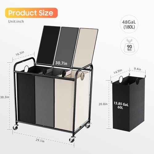 180L Laundry Sorter 3 Section, Rolling Laundry Basket - Image 2