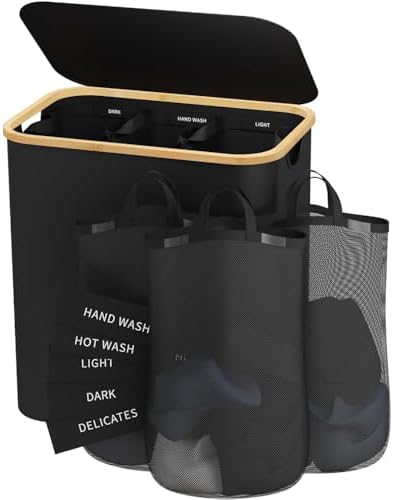 160L Laundry Hamper with Lid, 3 Section Laundry Basket with 3 Removable Bag by Bathola