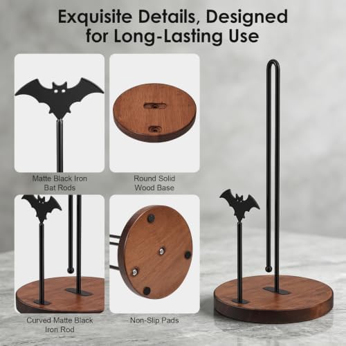 Wooden Paper Towel Holder Countertop, Gothic Iron Bat Decor Solid Wood Base - Image 5