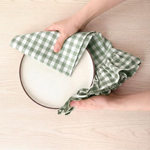 HunnmingRe 2 Pcs Green Gingham Kitchen Towels Cotton Ruffled - Image 6