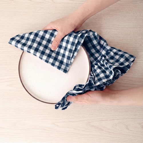 HunnmingRe 2 Pcs Navy Blue Gingham Kitchen Towels Cotton Ruffled - Image 6