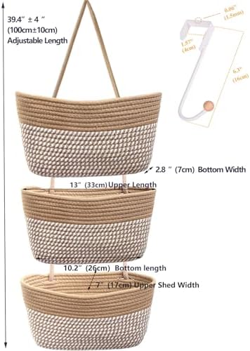 Over the Door Hanging Basket for Organizing 3 Tiers Woven Cotton Rope Wall - Image 3
