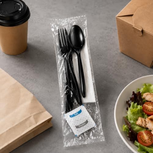 KitchenDine 100 Pack Medium Weight Wrapped Black Plastic Cutlery Pack - Image 3