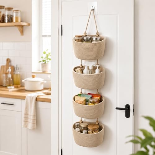 4 Tier Wall Mounted Woven Hanging Basket, Over The Door Hanging Basket - Image 4