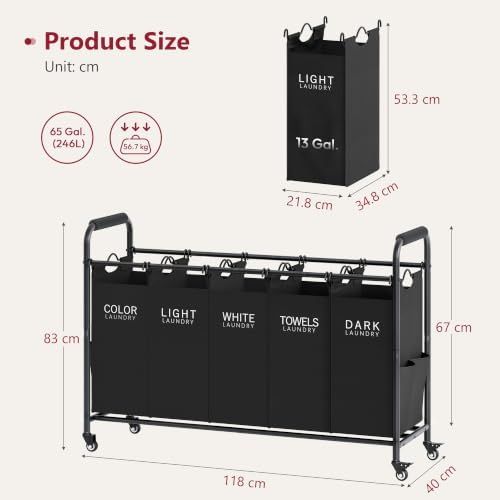 Tajsoon 5 Bag Laundry Sorter, 5 Section Laundry Hamper - Image 7