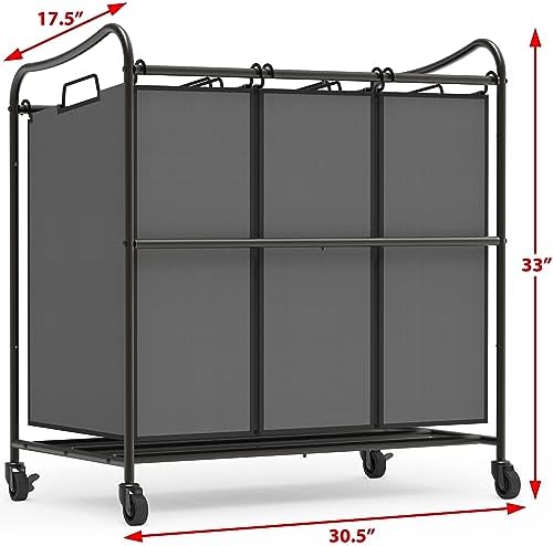 Simple Houseware Heavy Duty 3-Bag Laundry Sorter Rolling Cart, Dark Grey - Image 2