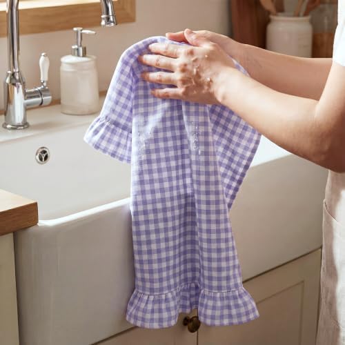 HunnmingRe 2 Pcs Purple Gingham Kitchen Towels Cotton Ruffled - Image 4