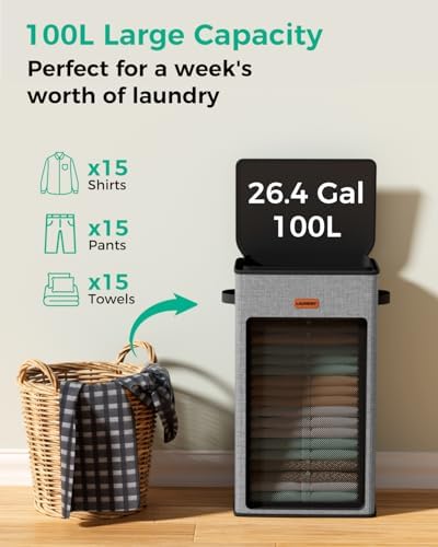 100L Laundry Hamper with Lid, Durable Laundry Basket Made of Cationic Fabric - Image 3