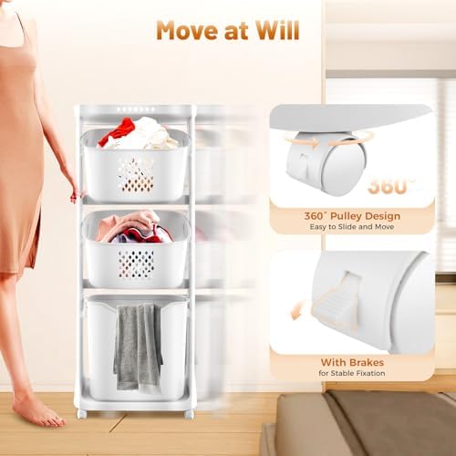 3 Tier Rolling Laundry Hamper Storage Sorter, Vertical Rolling Laundry Baskets - Image 5
