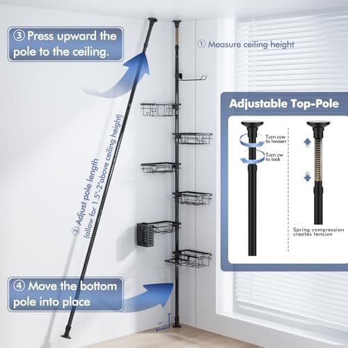 Shower Caddy Organizer Tension Pole, Corner Shower Shelves Bathroom Storage - Image 6
