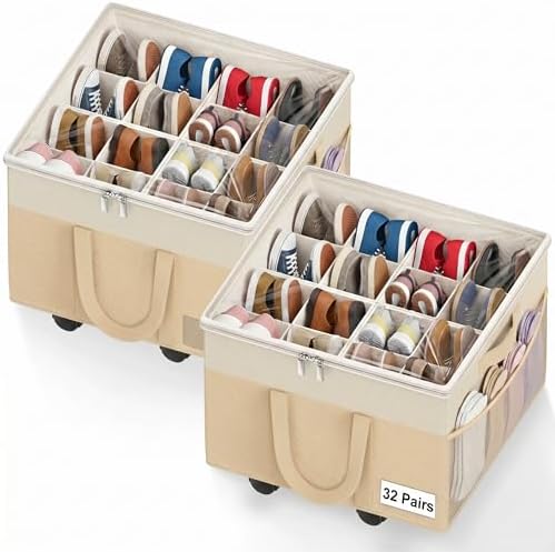 2 Pack Large Shoe Organizer for Closet, 32 Pairs Shoe Storage Box Beige by Besslly