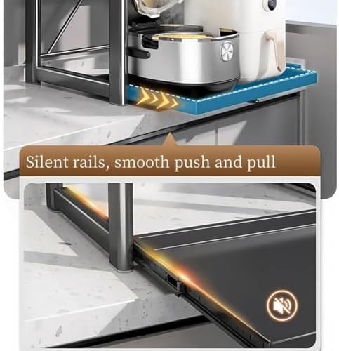 Adjustable 2-Tier Microwave Stand with Pull-Out Tray, Metal Kitchen Organizer Rack, Space-Saving Storage with 6 Hooks for Rice Cooker & Kitchen Essentials