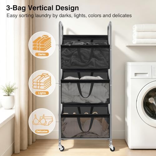 STO STO 3-Tier Vertical Rolling Laundry Hamper, Removable Bags - Image 4