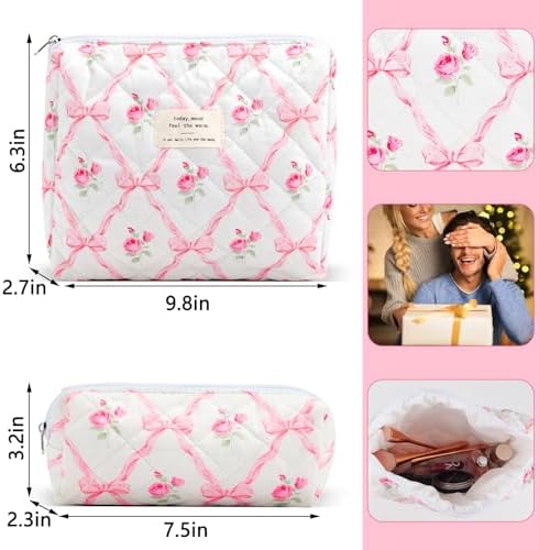 2Pcs Quilted Cotton Makeup Bag Large Travel Makeup Pouch Small Brush Holder Set - Image 2