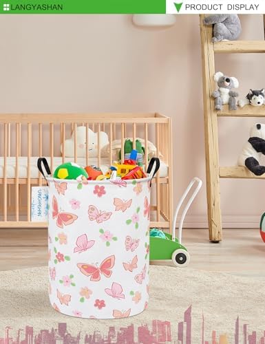 Round Laundry Basket Collapsible Storage Hamper Organizer Pink Butterfly - Image 5