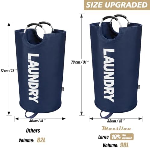 Maxsilan 90L Large Laundry Basket Bag, Collapsible Tall Hamper, Dark Blue - Image 3