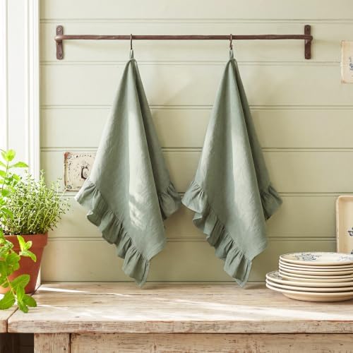 HunnmingRe 2 Pcs Sage Green Kitchen Towels Retro Towels Cotton Ruffled - Image 5