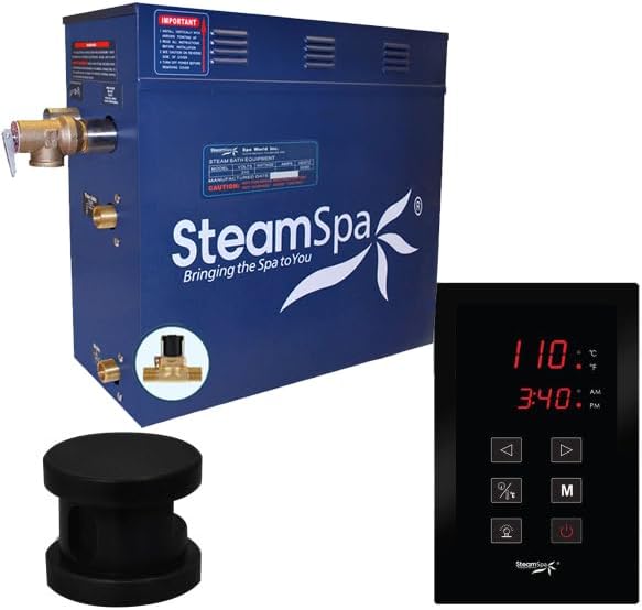 STEAMSPA 9kW Steam Sauna Generator Sentry Series 240V Steam Generator with Touch Screen, Steamhead, Built-in Steam Shower Auto Drain, ACU Quickstart Steam Bath Generator (Black)